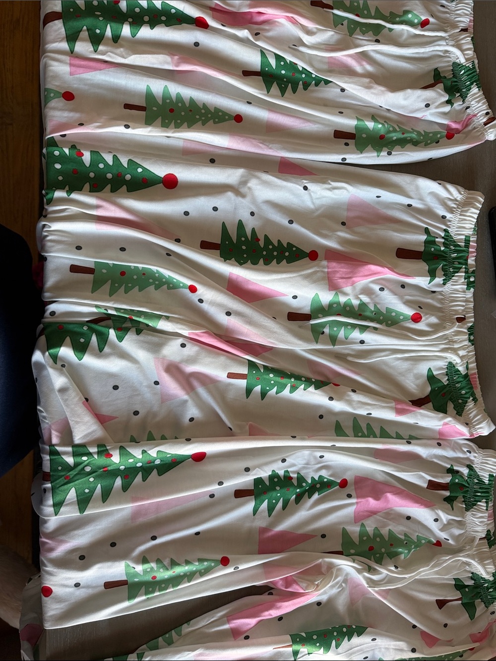 Amazon Women's White Christmas Tree Print Pajama Pants with Green & Pink Accents